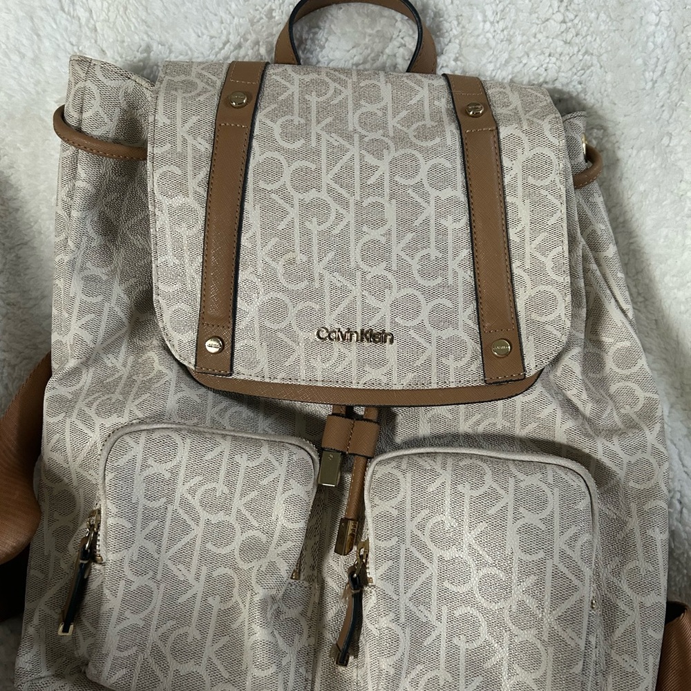 Calvin Klein Monogram Beige and Tan Backpack